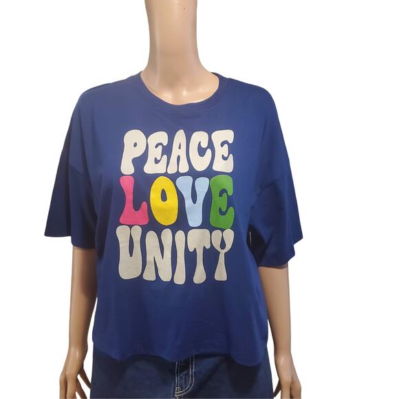 Sonoma Size L Blue Peace Love Unity Crop Boxy Tee Pride Festival - Picture 1 of 7